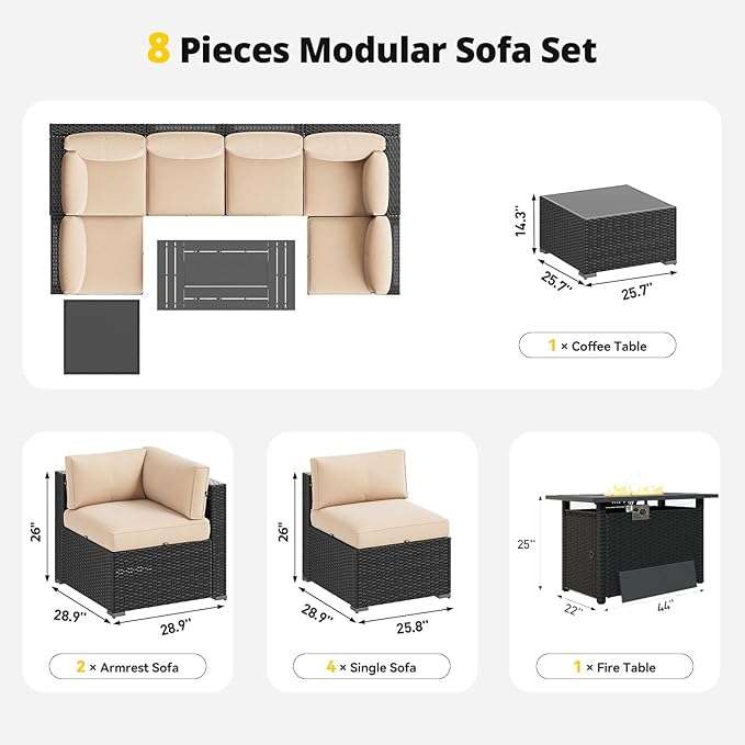 Aoxun Patio Furniture Set with Fire Pit Table, 8 Piece Outdoor Sectional Sofas