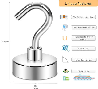 Neosmuk Magnetic Hooks, Heavy Duty Earth Magnets with Hook for Refrigerator, Extra Strong Cruise Hook for Hanging, Magnetic Hanger for Cabins, Grill (Silver White, 4 Pack)