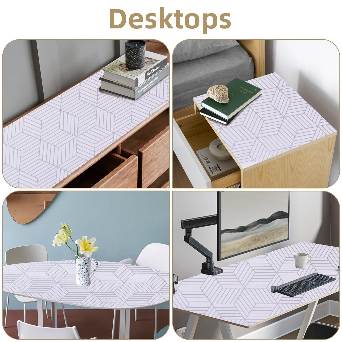 Shelf Liners for Kitchen Cabinets 12in x 30FT, Non Adhesive Cabinet Liner Strong Non-Slip Thickened Silver Geometric Easy to Clean for Shelf, Cabinet, Refrigerator with Knife and Tape Measure