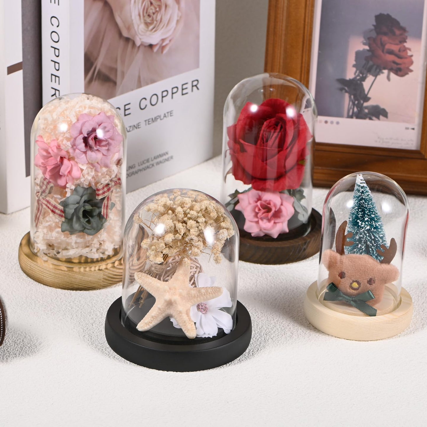 M METERXITY Cloche Glass Dome, 3.9"x2.4" Glass Display Case with Wooden Base for DIY Snow Globes/Small Plants/Flowers/Candles/Models/Souvenirs, Tabletop Centerpiece [Wood]