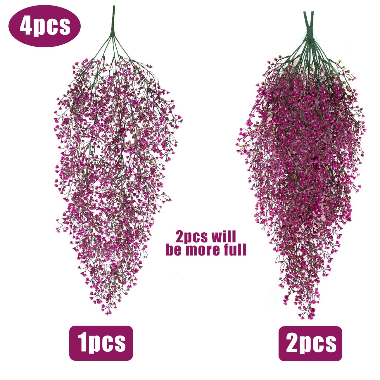 RECUTMS 4Pcs Fake Ferns Artificial Hanging Plants with 30 LED Lights Ivy Flowers Large Faux Hanging Plant for Indoor Outdoor Room Garden Porch Wedding Party Decorations (Fuchsia)