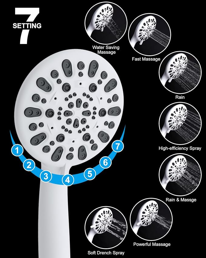 Hibbent All Metal High Pressure Rainfall 10'' Shower Head, Handheld Showerhead Combo, 12'' Adjustable Shower Extension Arm, 7-Spray, 71'' Hose, Adhesive Showerhead Holder, White