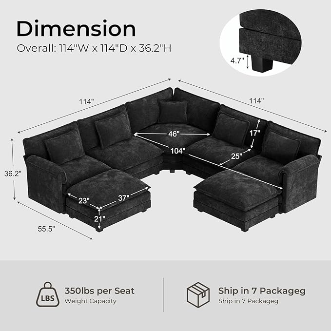 ELUCHANG 114" Oversized V-Shaped Cloud Couch Modular Sectional Sofa