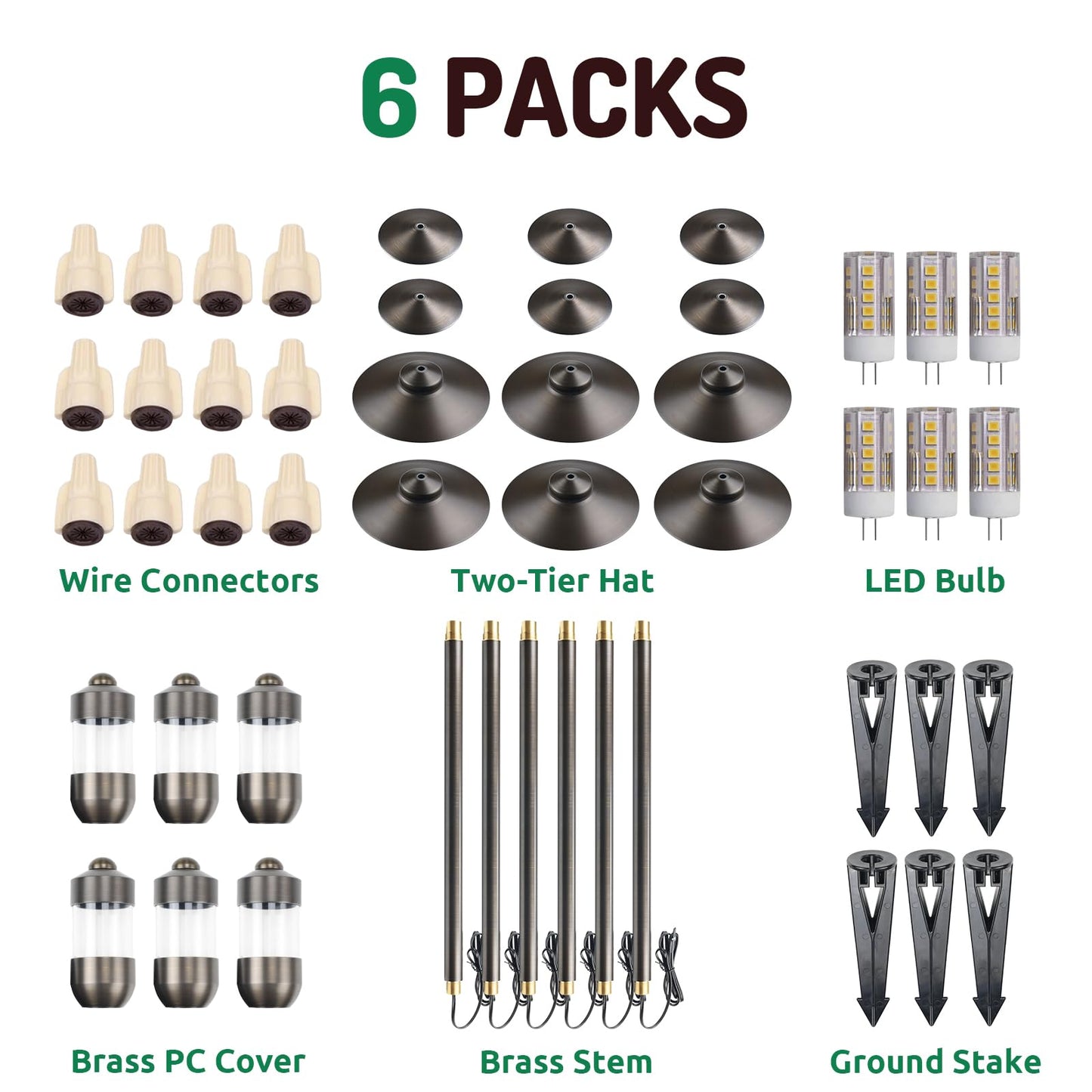 DOSHINE® Solid Brass Low Voltage Landscape Lighting Pathway Lights (8.25" Shade, 22" Tall) with Replaceable 3W G4 LED Bulb 3000K AC/DC 12V and Ground Stake for Outdoor Walkway Driveway (DOU, 6-Pack)