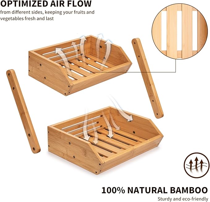 Merysen 2 Tier Fruit Basket For Kitchen- Bamboo Fruit and Vegetable Storage