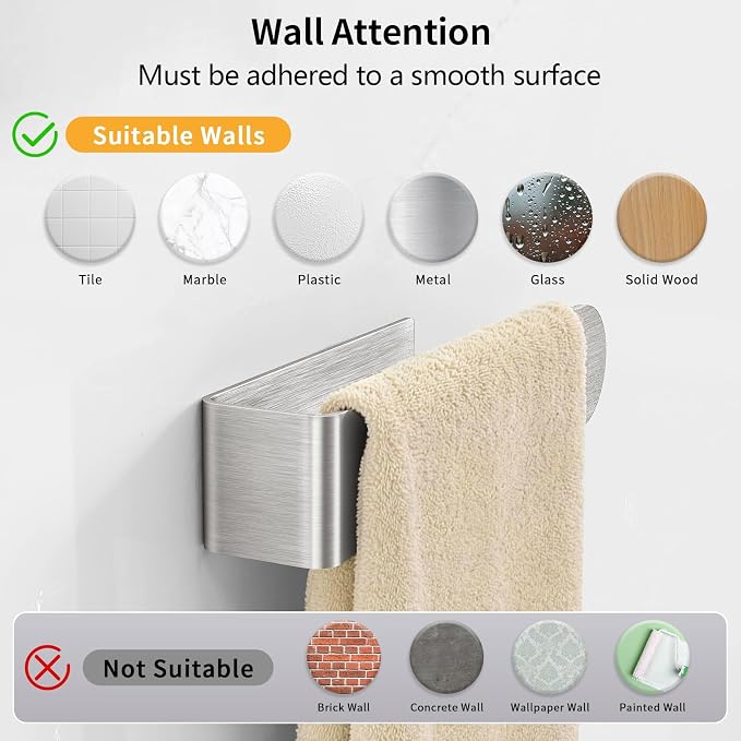Bethom Adhesive Hand Towel Holder, 8 Inch Bar for Kitchen Cabinet, Brushed | Self Adhesive Hand Towel Racks, Stick on Wall for Bathroom, RV, Aluminum