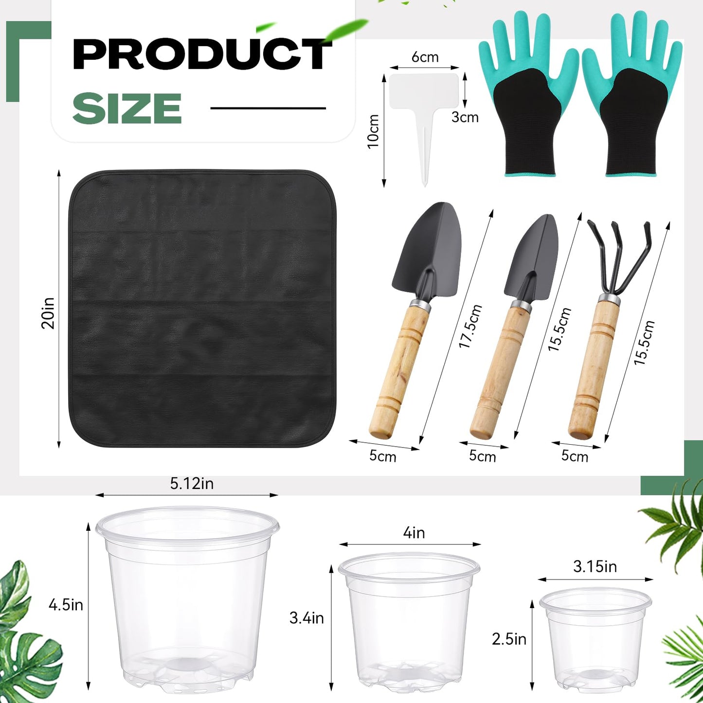 Yiyiring 83 Pcs Garden Supplies Tools Kit, 3/4/5 Inch Clear Plastic Plant Pots with Transplanting Mat, Trowel Cultivator Rake Set, Label & Glove, Succulent Tools Gift for Plant Lovers Accessory