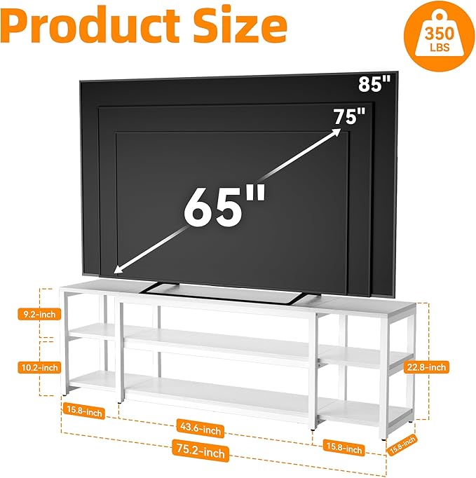 Aquzee White TV Stand for up to 85inch, Entertainment Center for 70 75 80 85" TV