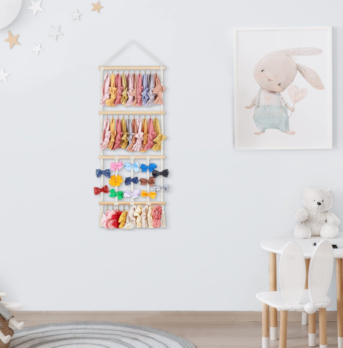 Dahey Hanging Jewelry Organizer Macrame Necklace Holder with 30 Hooks and Macrame Headband Holder with 30 Hooks Boho Nursery Decor for Baby'S Room