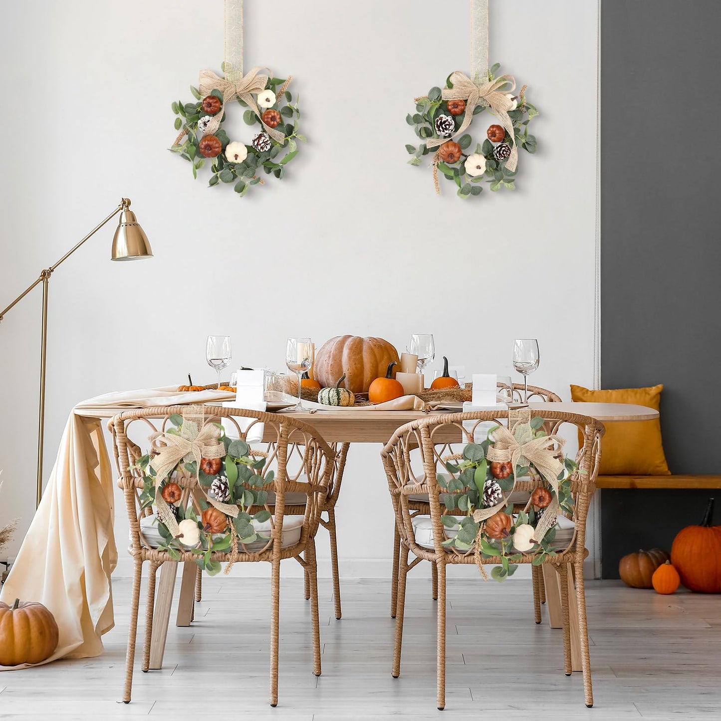 Syhood 2 Pcs 9" Mini Fall Wreath Small Pumpkin Cabinet Wreath Autumn Eucalyptus Decor with Rustic Bow for Fall Harvest Thanksgiving Porch Wall Window Decor(Eucalyptus Pumpkin Style)