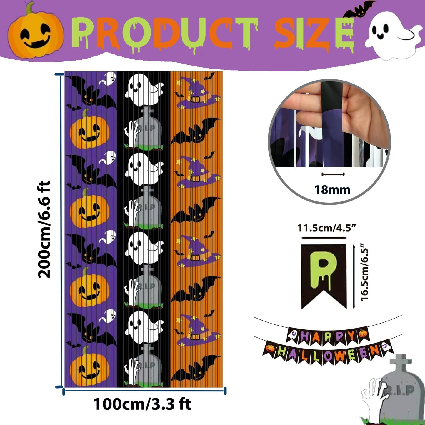 OQOQ Halloween Party Decorations Backdrops, 2 Pcs 3.3x6.6 Ft Tinsel Foil Fringe Curtains & 1 Pcs Happy Halloween Banner, Streamer Large Photo Booth Props Indoor Party Decor