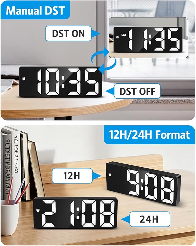 AMIR Digital Alarm Clock Large Display, Upgraded LED Alarm for Bedroom, Type-C/Battery Powered Bedside Alarm Clock with Snooze, 12/24H, 5 Levels Adjustable Brightness, DST, Desk Clock for Home, Office