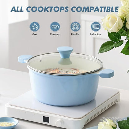 SENSARTE Ceramic Nonstick Stock Pot with Lid, 4.5 Quart Induction Cooking Pot with Tempered Glass Lid, Stew Pot for Soup and Oatmeal, Pasta Casserole, PFOA PFAS PTFE Free, Blue