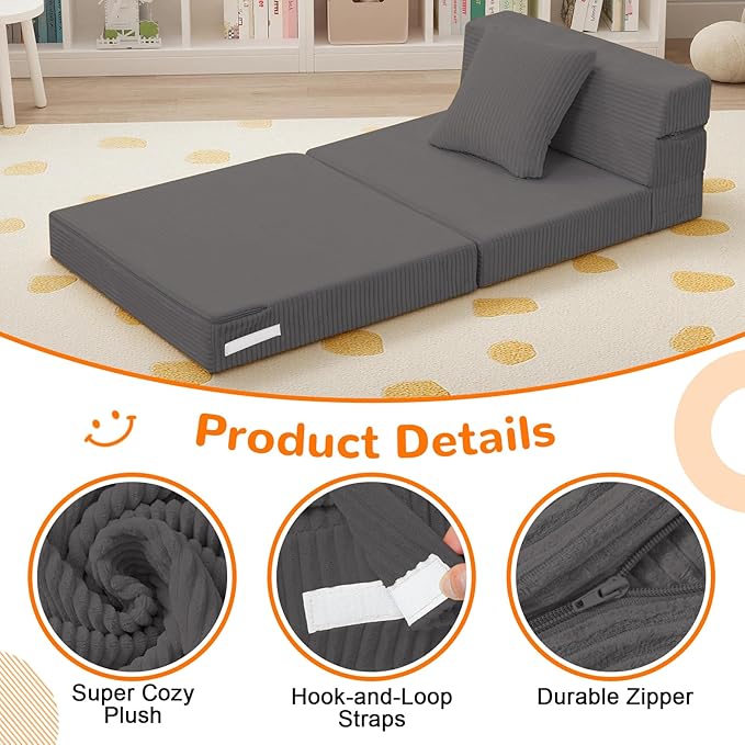 MeMoreCool Kids Folding Sofa Chair – Corduroy Floor Futon, Tri-Fold Mattress