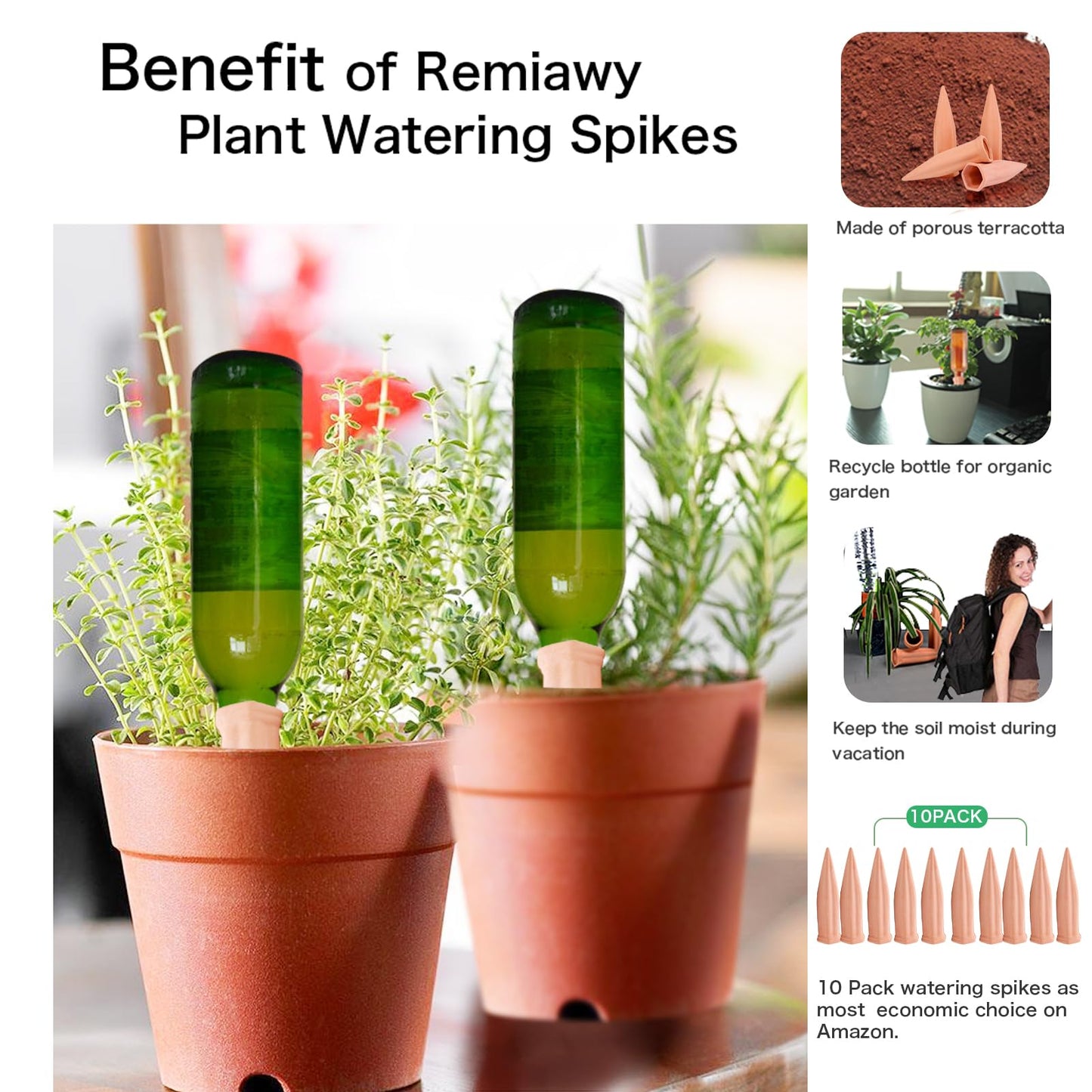 REMIAWY Plant Watering Devices - Terracotta Vacation Self Plant Waterer Spikes Wine Bottle Stakes Slow Release Devices for Indoor Outdoor Plants (10 Pack)