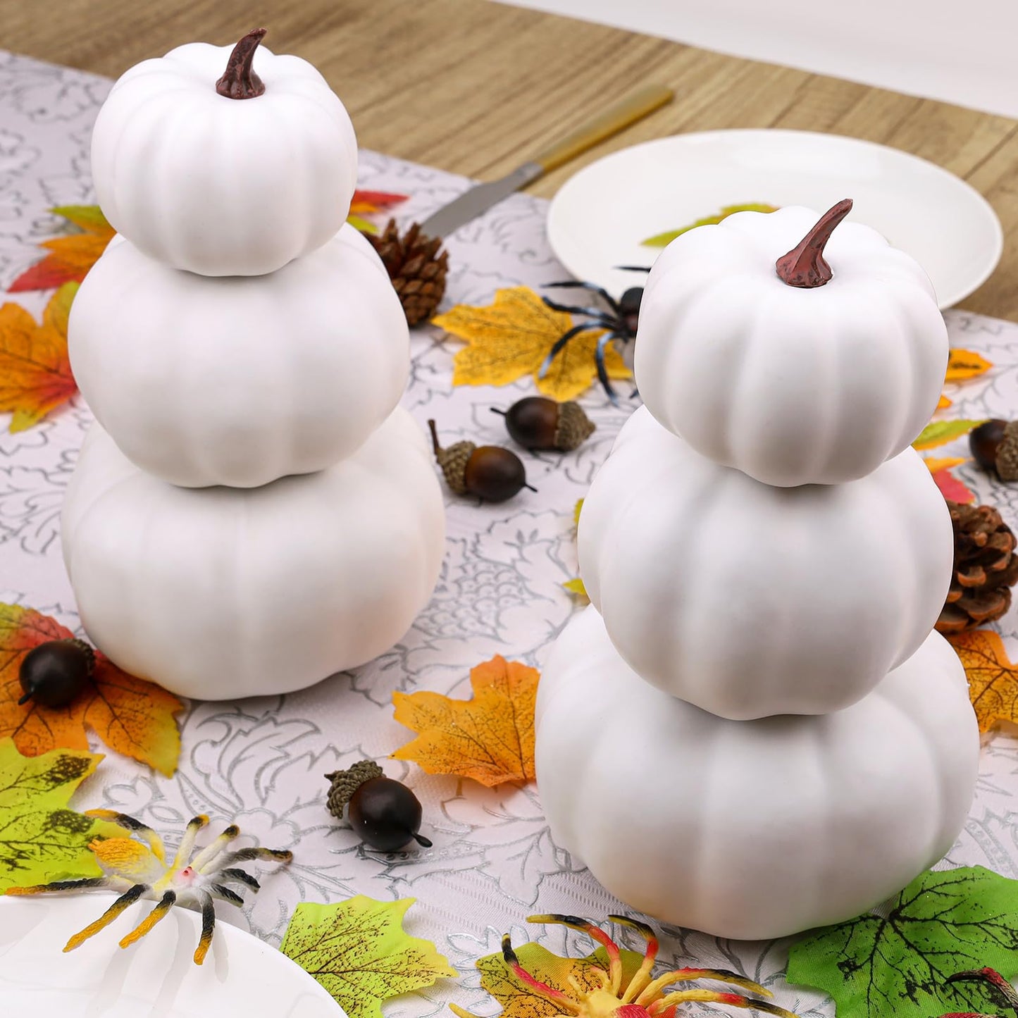 Gresorth 8 Inch Small Stacked White Pumpkins Tower Fake Artificial Halloween Decoration DIY Crafts Paintable Pumpkin for Home Party Table Kitchen Wedding Decorating - 1 Pcs