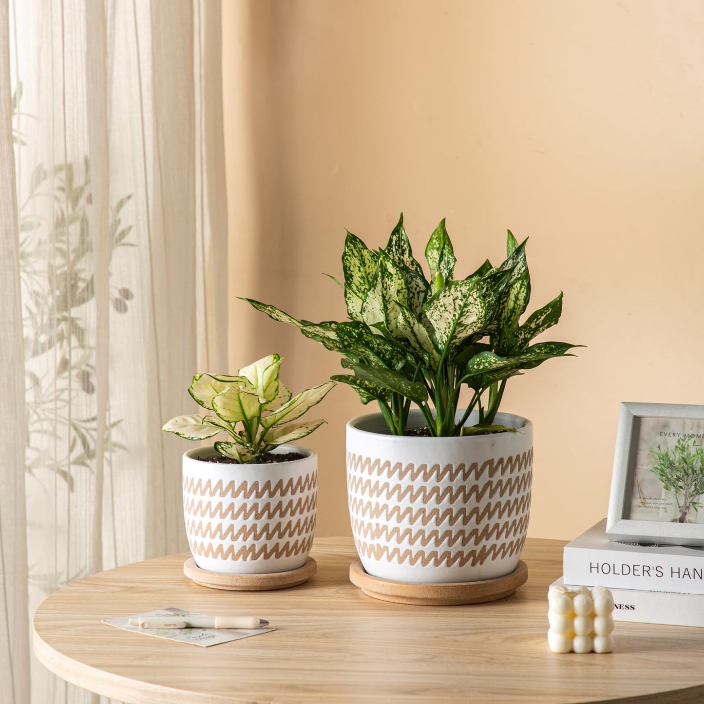 POITONRU Ceramic Flower Pots Indoor-Outdoor: 5.75 Inch Planters with Drainage Holes & Saucer - Modern Decorative Plant Pots Ceramic for Home Gardeners (Wave)
