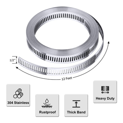 Steelsoft 304 Stainless Steel Hose Clamp Assortment Kit DIY, Cut-To-Fit 12 FT Metal Strap+8 Stronger Fasteners,Large Adjustable Worm Gear Band Hose Clamps Screw Clamps Duct Pipe Metal Clamp Strapping