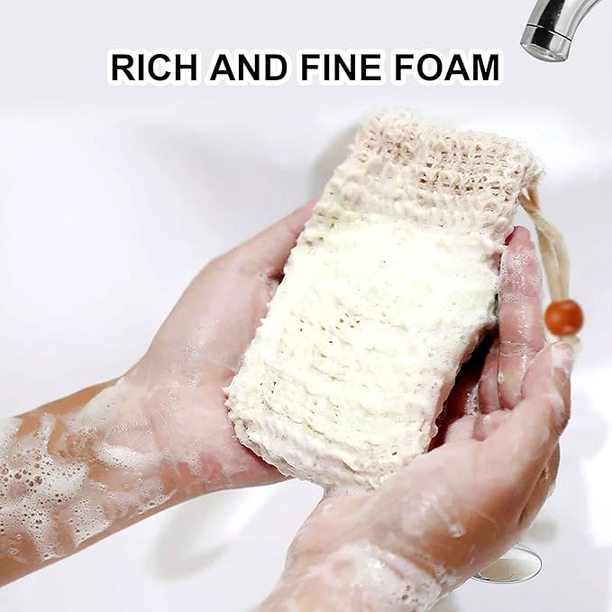 Soap Bag, Natural Sisal Soap Saver Bag Pouch Mesh Net Waste Plastic-Free Exfoliating Foaming and Drying Soap Holder for Shower (4 Pack)