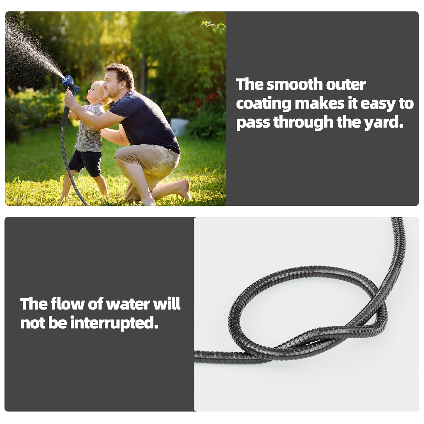 SPECILITE 50ft 304 Stainless Steel Garden Hose Metal, Heavy Duty Water Pipe with Nozzles for Yard, Outdoor - Flexible, Never Kink & Tangle, Puncture Resistant (Black)