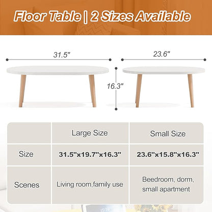 Coffee Table Low Table with Solid Wood Legs, 31.5x19.7 Large Coffee Table Side Table, Floor Table Desk for Sitting on The Floor, Living Room Furniture for Office Apartment Home, Oval White