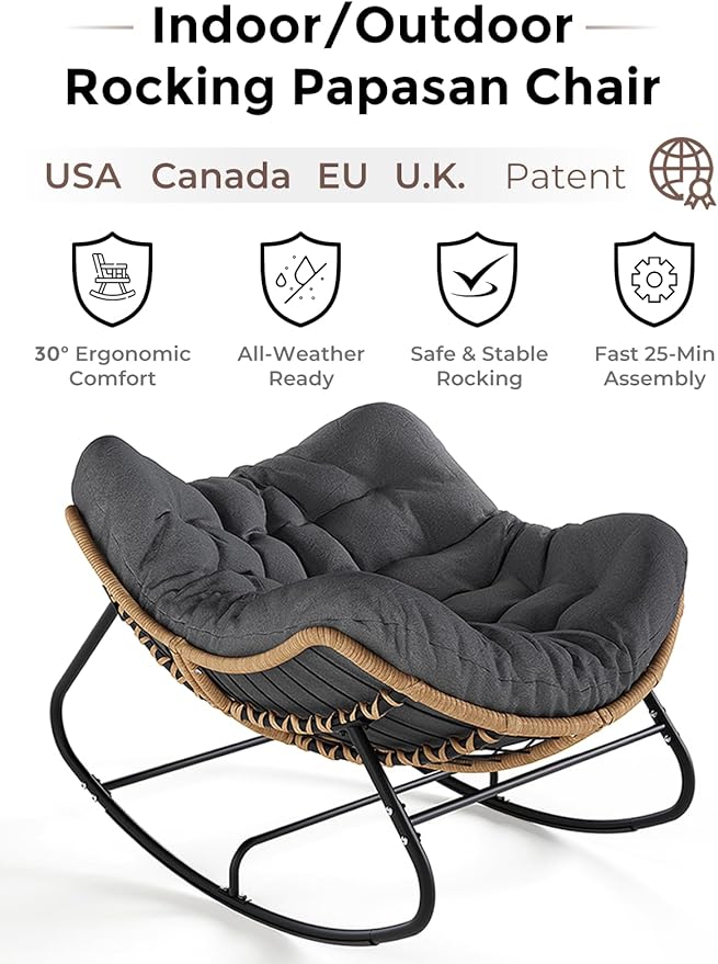 SWITTE Outdoor Papasan Rocking Chair, Oversized Patio Egg Chair