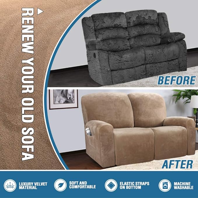H.VERSAILTEX Velvet Stretch Recliner Couch Covers 6-Pieces Recliner Loveseat