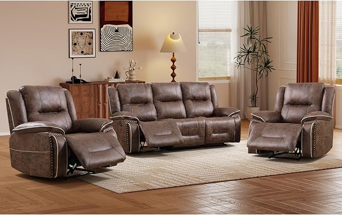 EBELLO Faux Leather Manual Recliner Sofa Set, Double 1 Seat Reclining Chair