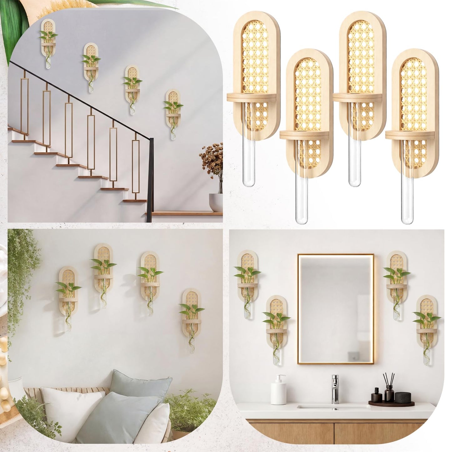 Singhoow 4 Pcs Wooden Rattan Wall Propagation Vases 8 Inch Wood Wall Vase Set Natural Boho Hanging Plant Flower Display for Hydroponics Plants Home Office Living Room Decor