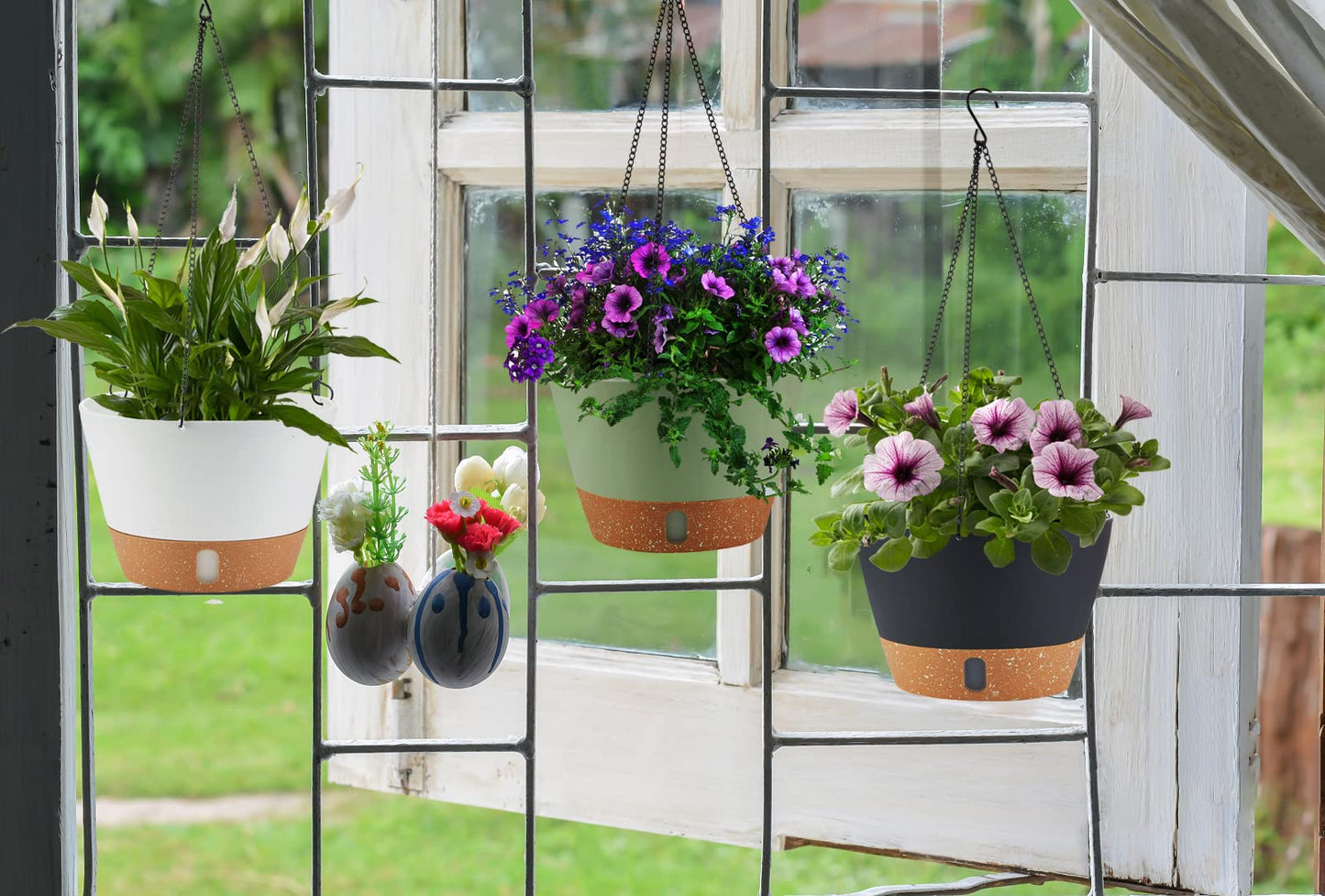 WIZROL 2 Pack Hanging Planters for Indoor Outdoor Plants, 10 Inch Hanging Flower Pot Basket with Drainage Hole with Removable Tray&Hooks Self Watering Plant Pot for Hanging Plants, Dark Grey