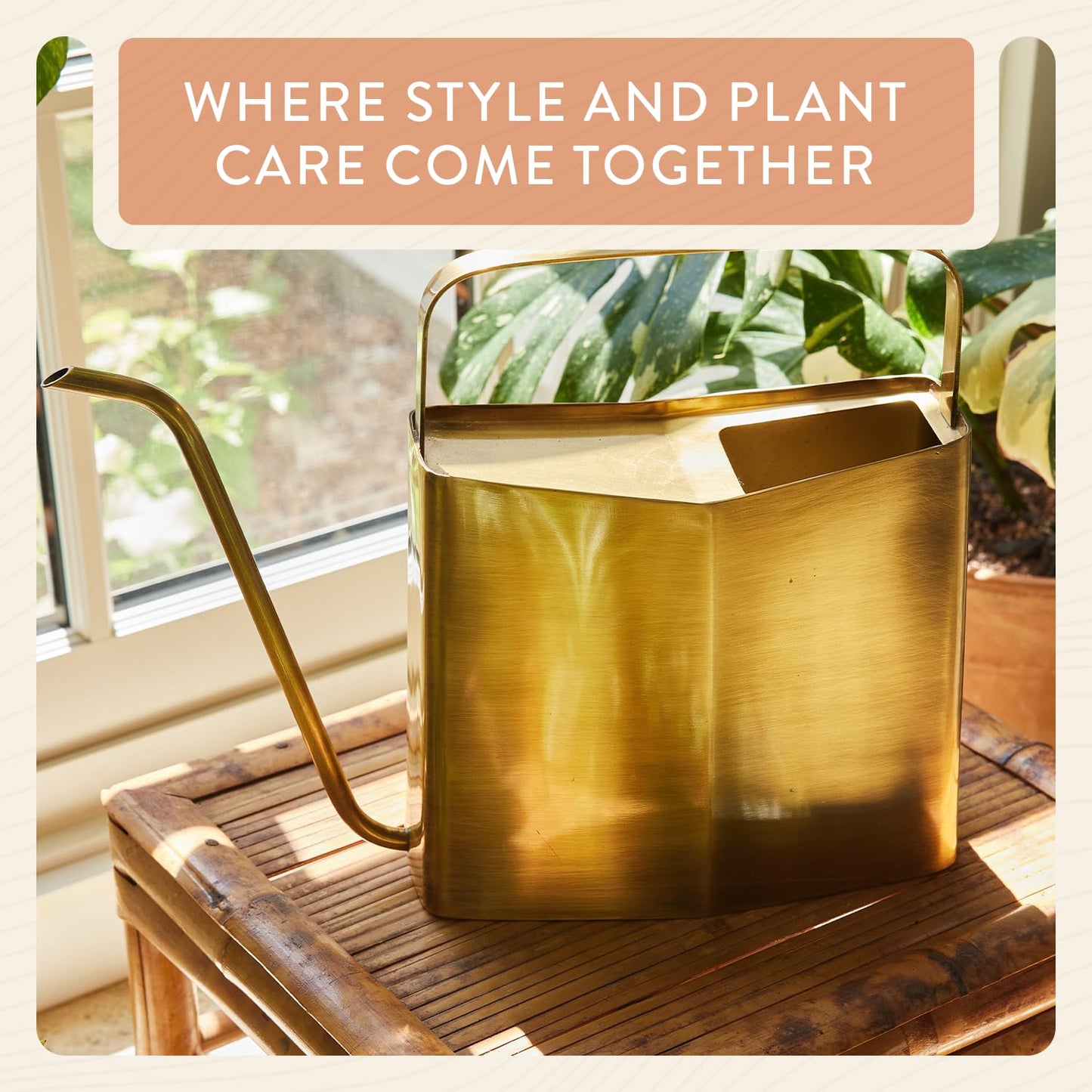 Modern Sprout Brass Finish Plant Watering Can - 3L Capacity - Long Spout Stainless Steel Vessel for Outdoor & Indoor Plants - Rust Resistant - Garden Accessory for Houseplants & Decorative Use