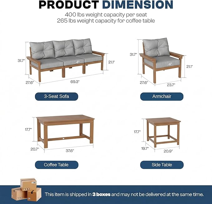 HDPE Outdoor Patio Furniture Set, 6-Piece Patio Conversation Sets with Coffee Table & Side Table & Grey Washable Thick Cushions, Outdoor Sofa for Balcony, Porch, Poolside (Teak Frame)