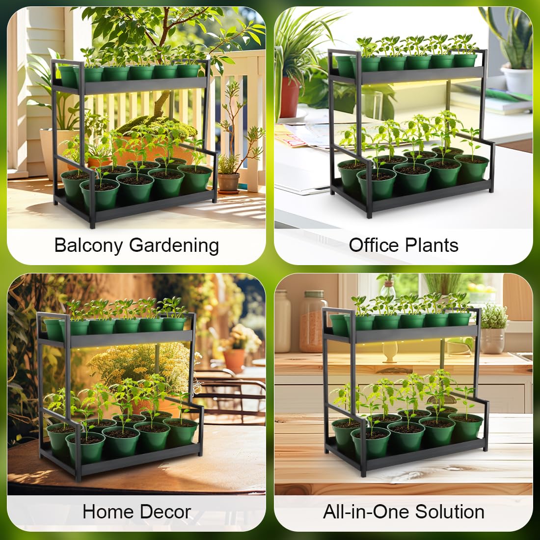RooTrimmer 2-Pack Dual Tier Plant Stand with Grow Light and Green Plastic Nursery Pots for Plants, Indoor Gardening Kit for Herbs, Succulents, Seedlings & Small Plants Gardening Gifts