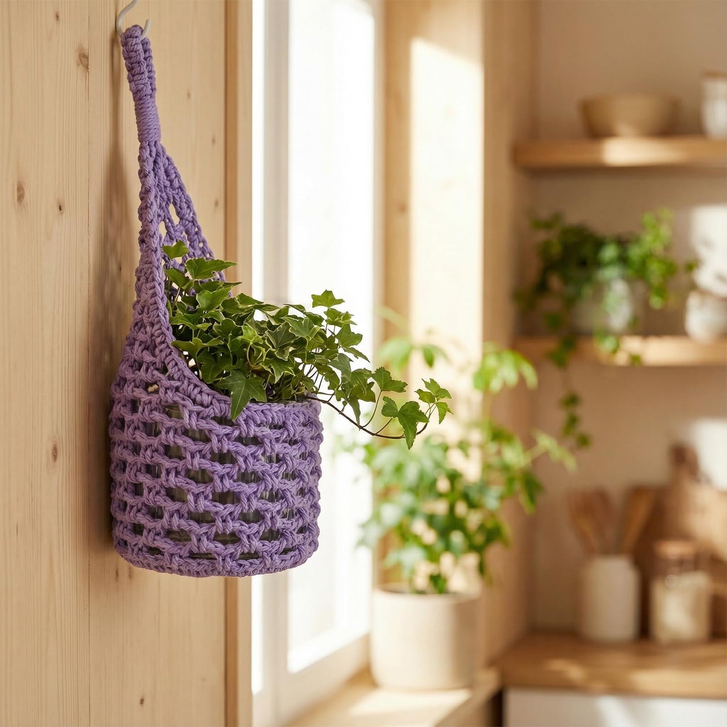 HOREAKHJ Macrame Wall Plant Hanger, Hanging Planter Basket Holder, Wall Planters for Indoor Plants, for Up to 6 Inch Pot (Purple, 6-Inch)