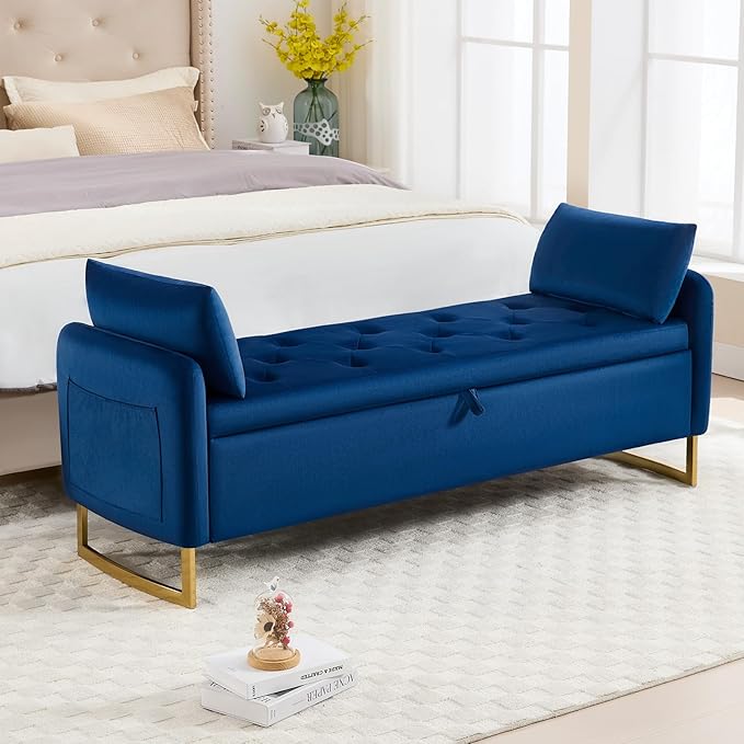 65" Storage Bench for Bedroom, Velvet End of Bed Bench, King Size Bed Benches