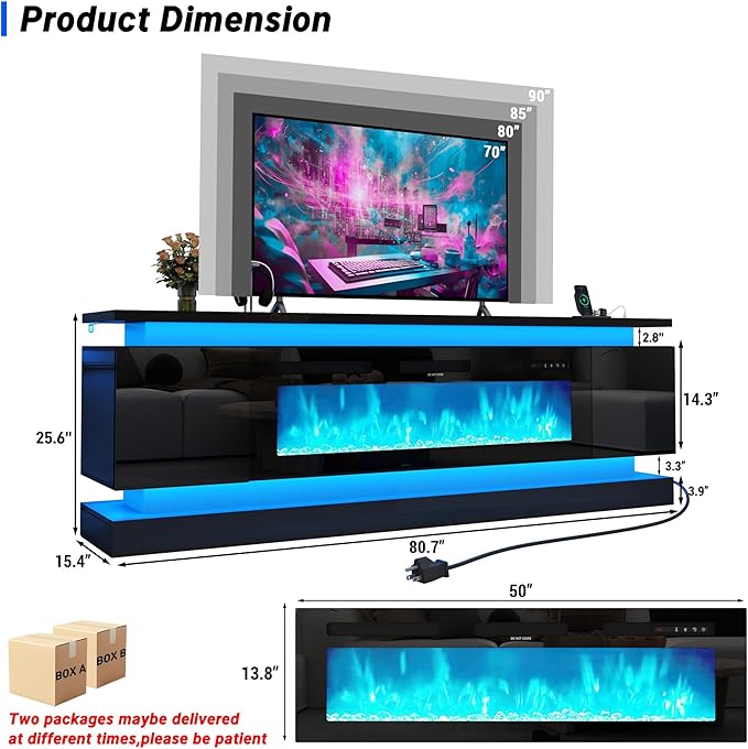chartustriable 81IN LED TV Stands w/50 inch Fireplace Power Outlet