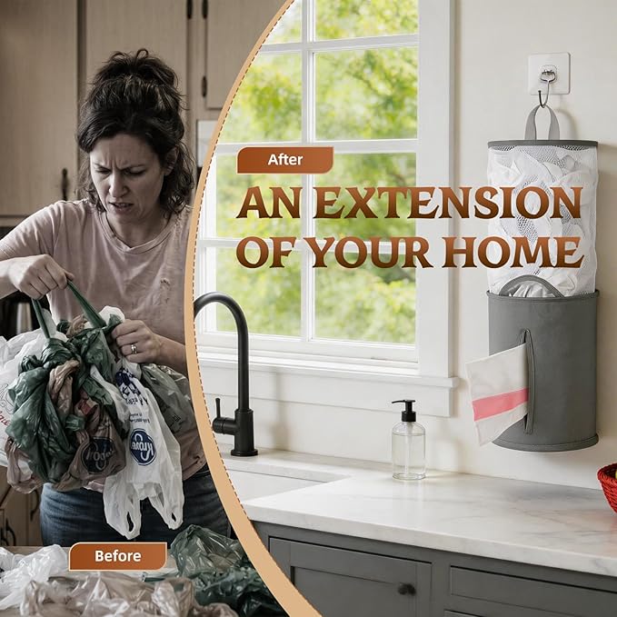HOUSE AGAIN Bag Saver-Extra Large Plastic Bag Holder Dispenser, Organizer for Grocery Trash Roll,Oxford Machine Washable-Daily Storage Solution for Kitchen/Bathroom/Laundry (Deep Grey-2 pcs)
