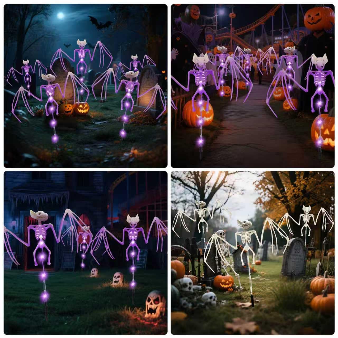 Solar Halloween Decorations Outdoor - 2 Pack 3D Scary Bat & Skeleton Lights, Waterproof LED Solar Garden Lights for Pathway, Lawn, Yard, Patio - Spooky Purple Lighting for Outdoor Holiday Decor