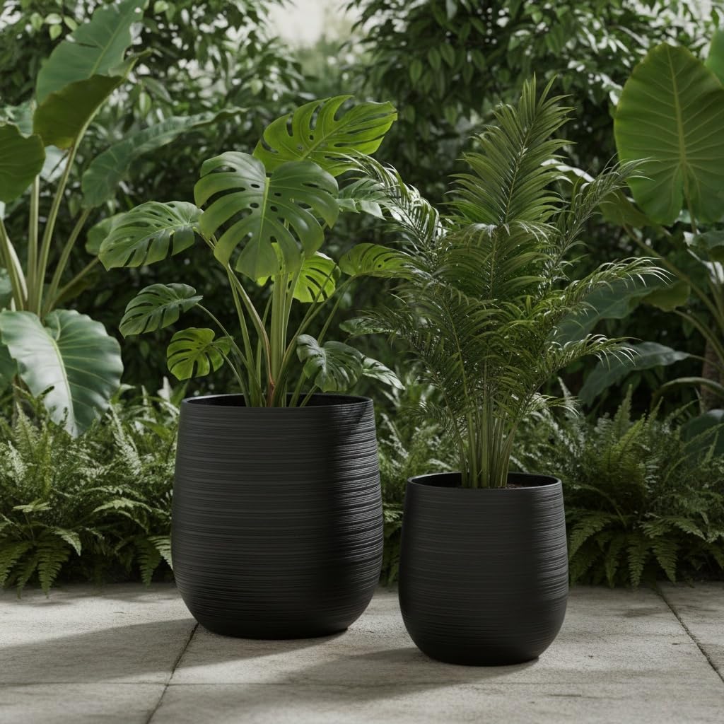 Olly & Rose Extra Large Plant Pot Patterned - Black Garden Planter - XL Flower Pot - H 50cm D45cm + H40cm D38cm