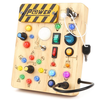 Joyreal Montessori Busy Board Wooden Sensory Toys for Toddler with LED Light Up Switch, Baby Fidget Board Travel Toys for 18+ Months, 1 2 3 Year Old Boys Girls Toddler Toy Gifts (Classic)