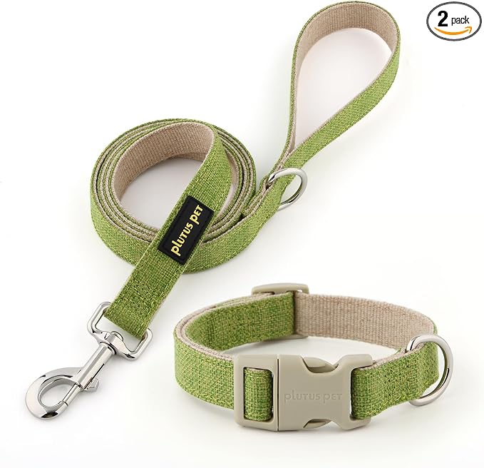Plutus Pet Cotton Hemp Dog Collar and Leash Set, Adjustable Collar for Small, Medium, and Large Dogs, Heavy Duty and Soft on Skin, Green, M