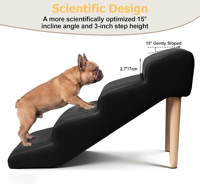 4-Step 18" H Dog Stairs for Bed Couch, Waterproof & Scratch PU Leather Pet Steps for Small Senior Dogs and Cats, Dog Ramp with 220 lbs Maximum, Oak Leg & Solid Wood, Non-Slip Feet, Black