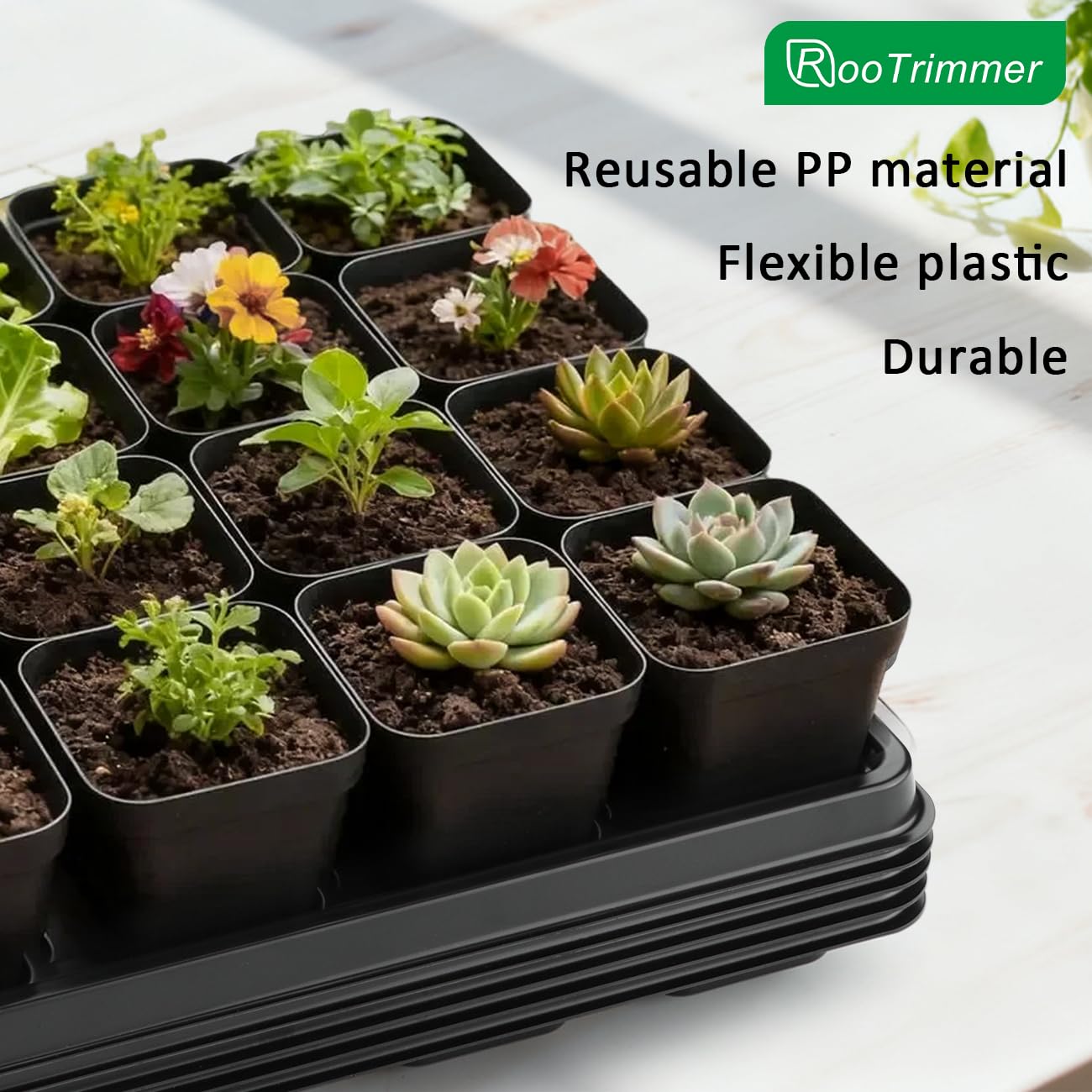 RooTrimmer 24 Cell Nursery Pots Trays 10 Pack (17"x11"x1.6"), Reusable Plastic Plant Pot Tray with Drain Holes, Carrying Seed Starter Tray for Holding 2.8 inch (7CM) Square Nursery Pots (Black)