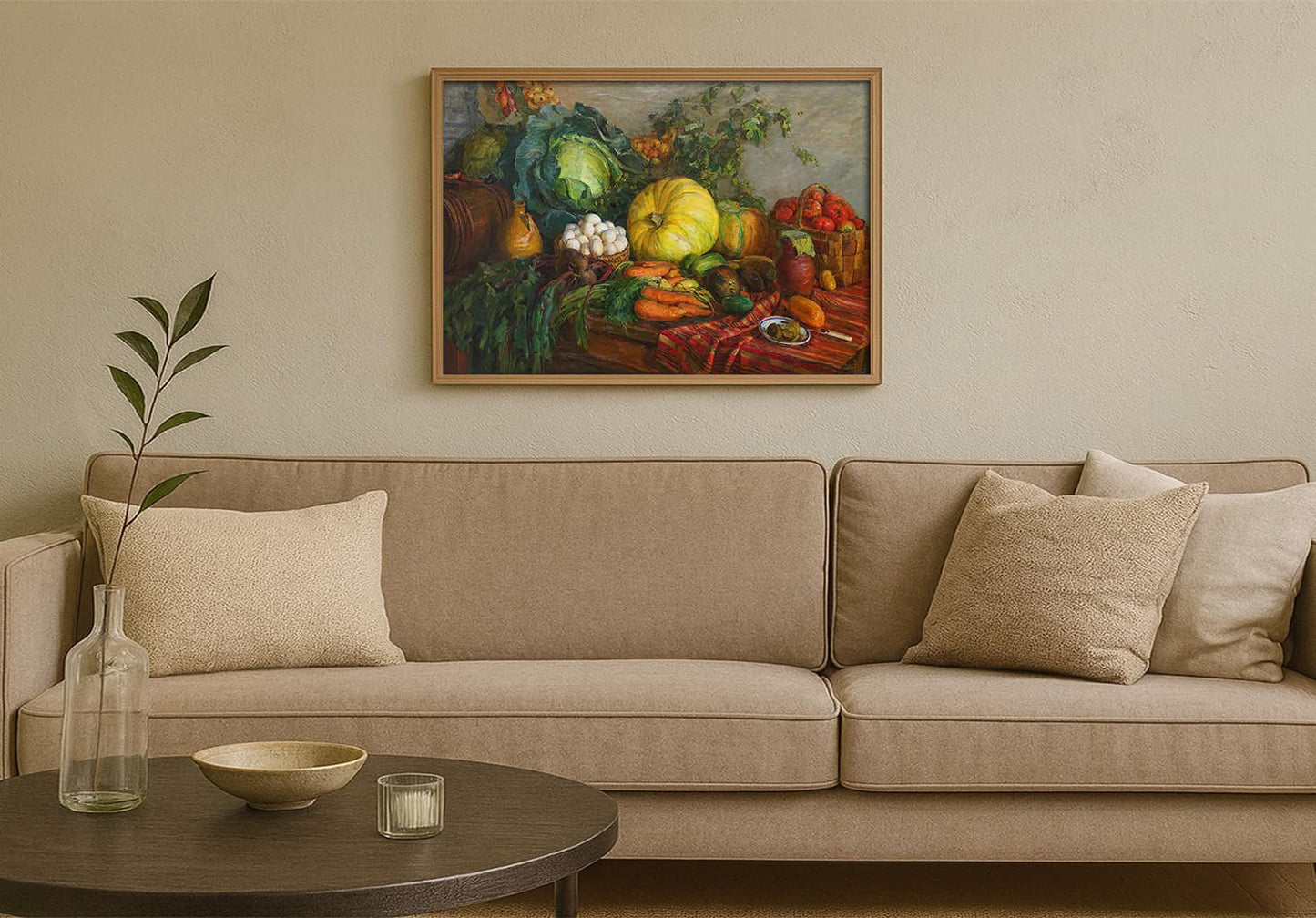 Rustic Harvest Still Life Wall Art Vintage Oil Painting Reproduction with Pumpkin, Cabbage, Carrots & Basket for kitchens, dining rooms, farmhouse cabins, restaurants, or rustic cafés that embrace a vintage countryside theme (12" x 18"-UNFRAMED)