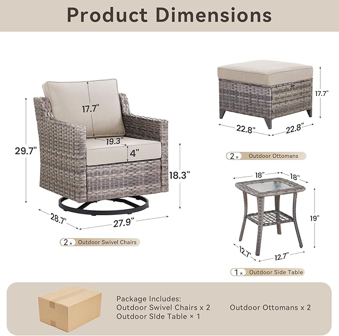 5 Pieces Outdoor Patio Furniture Set-All-Weather Wicker Patio Swivel Glider