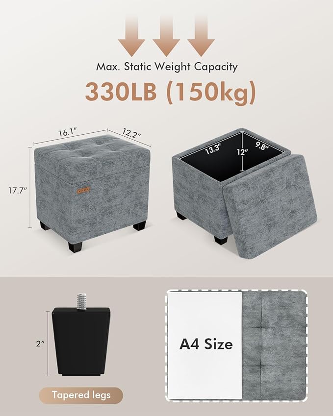 ABHENG Chenille Metal Framed Storage Ottoman, 12.2" D x 16.1" W x 17.7" H