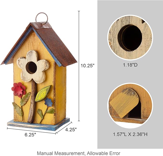 Glitzhome Bird Houses for Outside, 10.2" H Hanging Bird House for Outdoor Patio Garden Decorative Birdhouse Pet Cottage Distressed Wooden Birdhouse for Swallow Sparrow Finch Cardinals, Yellow Flower