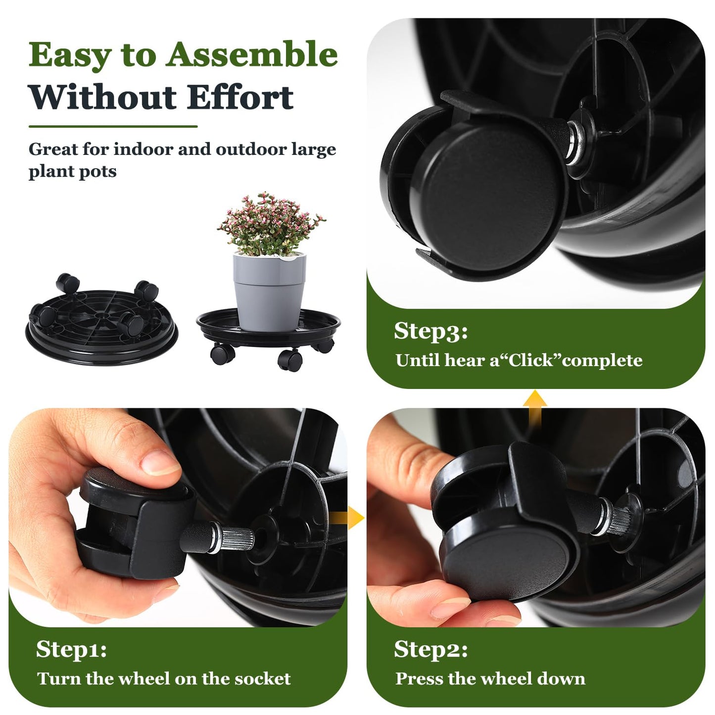 Circloophs 5 Packs Plastic Plant Caddy with Casters 12" Heavy-duty Plant Dolly Rolling Plant Stand with Wheels for Moving Heavy and Large Plant Pot Saucers Plant Rollers Indoor and Outdoor, Black