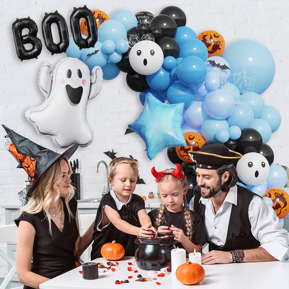 A Little Boo Is Almost Due Balloon Arch Kit, Black Blue Orange Latex Balloons with Boo and Ghost Foil Balloons, 152 Pcs for A Little Boo Is Almost Due Baby Shower Halloween Birthday Party Decorations