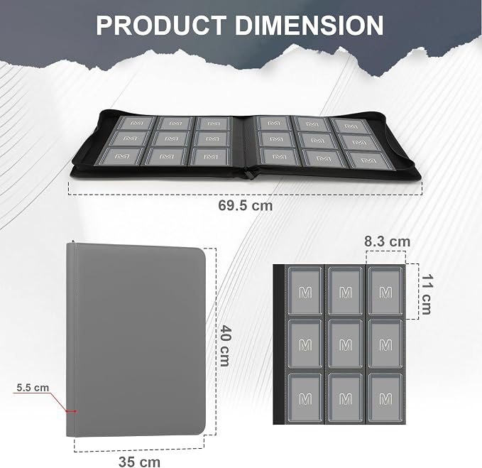 Toploader Binder,Trading Card Binder Storage Hold up 288 Cards 9-Pocket Top Loader Binder with Sleeves for 3"x4" Rigid Toploaders Hard Cases (9Dark Grey)